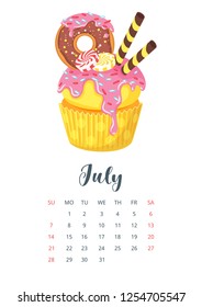 July 2019 year calendar page with cute sweet cupcake with doughnut, candies and pink icing. Vector cartoon style illustration. Template for print. Vertical layout.