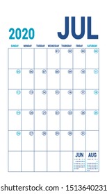 July 2020 calendar. Blue color planner. English calender template. Color vector grid. Office business planning. Creative design