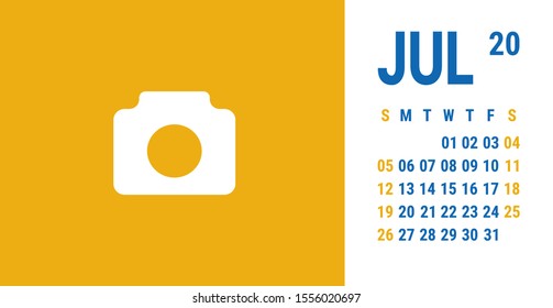 July 2020 calendar. English desk or wall calender template. Vector grid. Office business planning. Planner's design. Yellow and blue colors