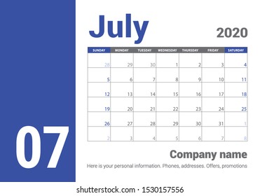 July 2020 calendar. English planner. Сolor vector template. Week starts on Sunday. Business planning. Clean minimal table. Simple design