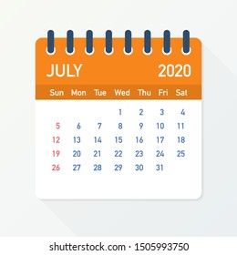 July 2020 Calendar Leaf. Calendar 2020 in flat style. Vector illustration.
