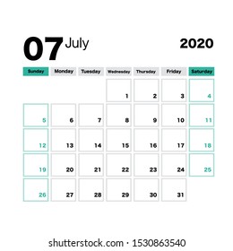 July 2020 calendar leaf. Week starts on Sunday. Printable vector stationery design template