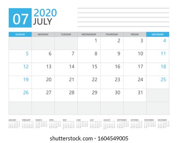 JULY 2020 calendar planner set for template corporate design week start on Sunday. desk calendar 2020 design, simple and clean design, 12 months yearly calendar set vector layout