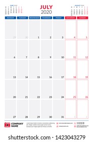 July 2020. Calendar planner stationery design template. Portrait orientation. Week starts on Monday