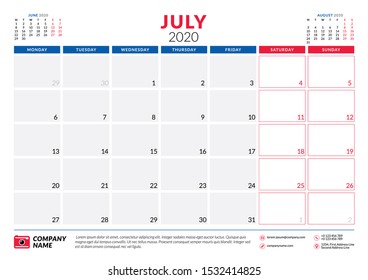July 2020. Calendar planner stationery design template. Vector illustration. Week starts on Monday