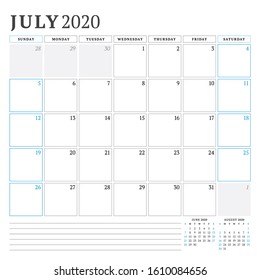 July 2020. Calendar planner stationery design template. Vector illustration. Week starts on Sunday