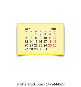 July 2020. A calendar sheet with two days off per week.