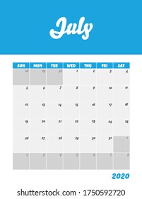 July 2020 Calendar Sheet. Week Start Sunday Modern Design Template.