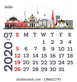 July 2020 Calendar Template with Delhi City Skyline. Vector Illustration. Template for Print. Week starts from Sunday.