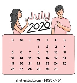 July : 2020 Calendar template : Sweet couple with hand drawn style : Vector illustration