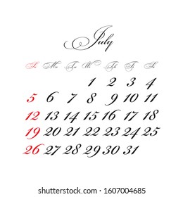 July 2020 Calendar vector with calligraphic font