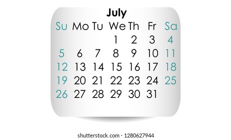 July 2020. Calendar 2020 vector design. Date on the curved stickers 