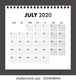 July 2020 calendar with wire band