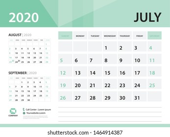 July 2020, Desk Calendar 2020 vector Design, green concept for business; Week Start On Sunday, Planner, Stationery, Printing, Size : 8 x 6 inch