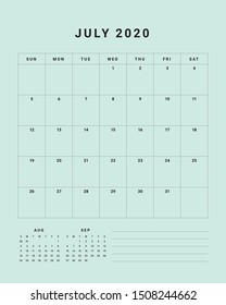 July 2020 desk calendar vector illustration, simple and clean design. 
