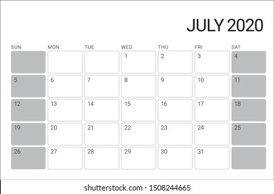 July 2020 desk calendar vector illustration, simple and clean design. 
