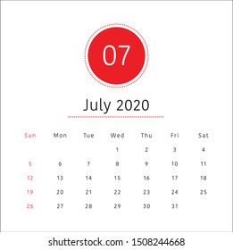 July 2020 desk calendar vector illustration, simple and clean design. 
