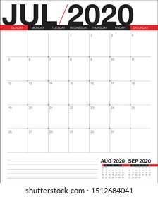 July 2020 desk calendar vector illustration, simple and clean design. 
