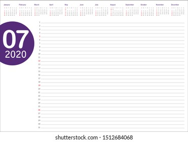July 2020 desk calendar vector illustration, simple and clean design. 
