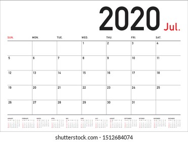 July 2020 desk calendar vector illustration, simple and clean design. 
