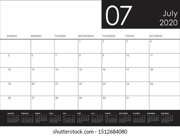 July 2020 desk calendar vector illustration, simple and clean design. 
