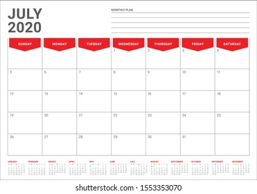 July 2020 desk calendar vector illustration, simple and clean design. 

