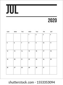 July 2020 desk calendar vector illustration, simple and clean design. 

