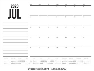 July 2020 desk calendar vector illustration, simple and clean design. 

