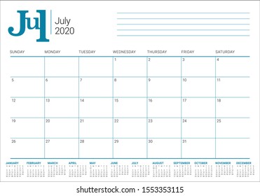 July 2020 desk calendar vector illustration, simple and clean design. 

