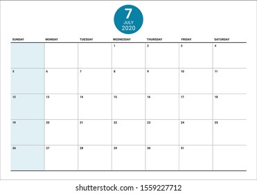 July 2020 desk calendar vector illustration, simple and clean design. 
