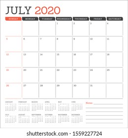 July 2020 desk calendar vector illustration, simple and clean design. 
