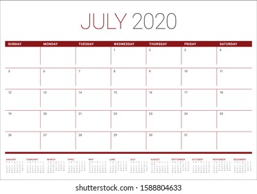 July 2020 desk calendar vector illustration, simple and clean design. 
