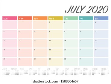 July 2020 desk calendar vector illustration, simple and clean design. 

