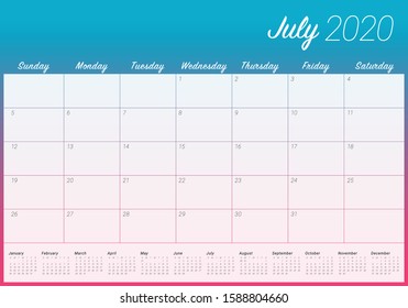 July 2020 desk calendar vector illustration, simple and clean design. 
