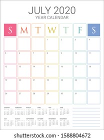July 2020 desk calendar vector illustration, simple and clean design. 
