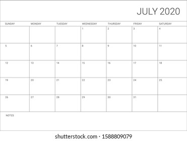 July 2020 desk calendar vector illustration, simple and clean design. 
