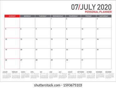 July 2020 desk calendar vector illustration, simple and clean design. 
