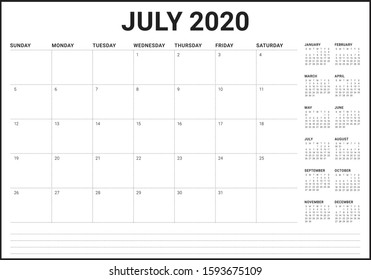 July 2020 desk calendar vector illustration, simple and clean design. 
