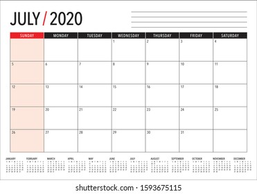 July 2020 desk calendar vector illustration, simple and clean design. 
