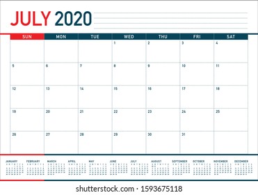 July 2020 desk calendar vector illustration, simple and clean design. 
