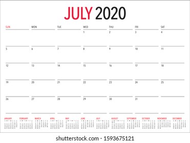 July 2020 desk calendar vector illustration, simple and clean design. 
