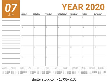 July 2020 desk calendar vector illustration, simple and clean design. 
