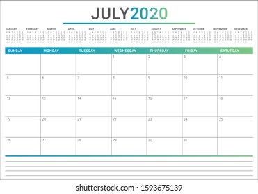 July 2020 desk calendar vector illustration, simple and clean design. 
