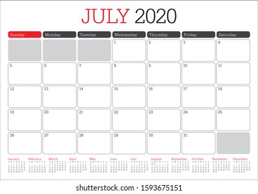 July 2020 desk calendar vector illustration, simple and clean design. 
