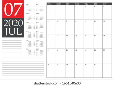 July 2020 desk calendar vector illustration, simple and clean design. 