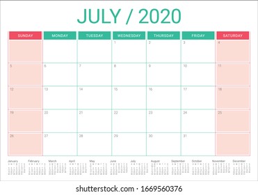 July 2020 desk calendar vector illustration, simple and clean design. 