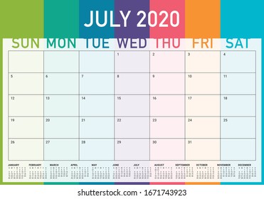 July 2020 desk calendar vector illustration, simple and clean design. 