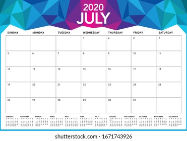 July 2020 desk calendar vector illustration, simple and clean design. 