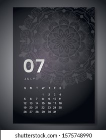 July 2020 monthly calendar with beautiful mandala design. Round pattern ornament for holiday event planner