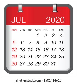 July 2020 monthly calendar vector illustration, simple and clean design. 
